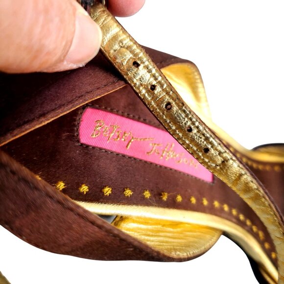 Betsey Johnson Cristie Platform Heels 7 Strappy Rhinestone Brown Gold Open Toe - Picture 7 of 13